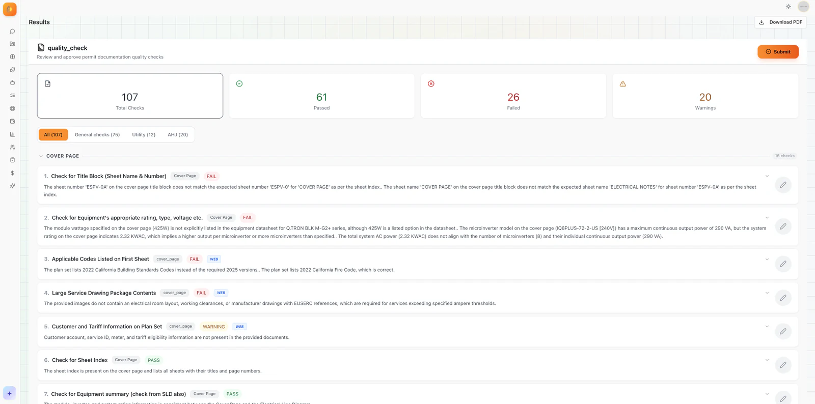 The quality-check result: totals across passed, failed and warnings, then each finding with its sheet and reason.