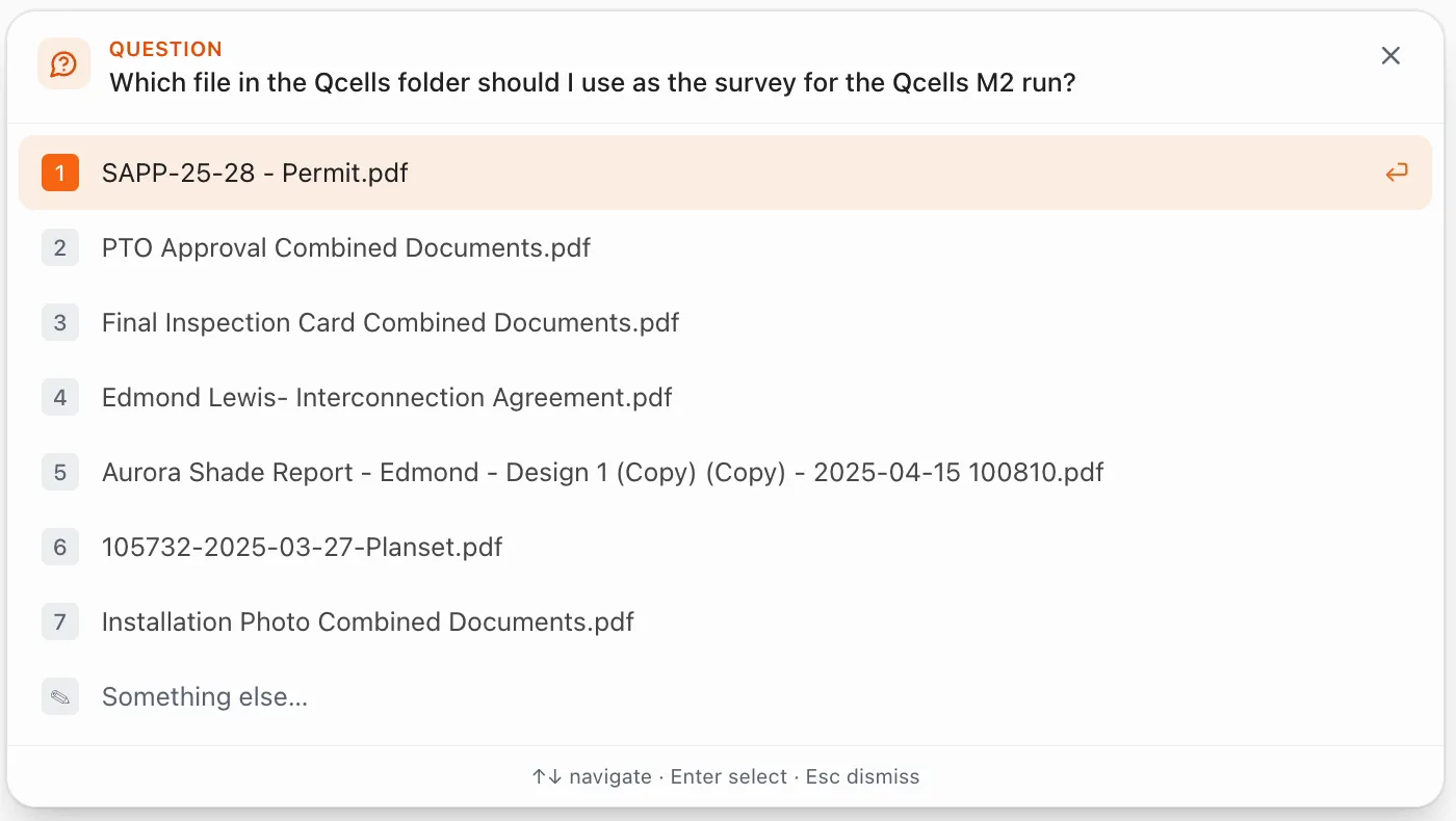 A question card: which file in the folder should be used as the survey, listed with keyboard shortcuts and a Something else option.
